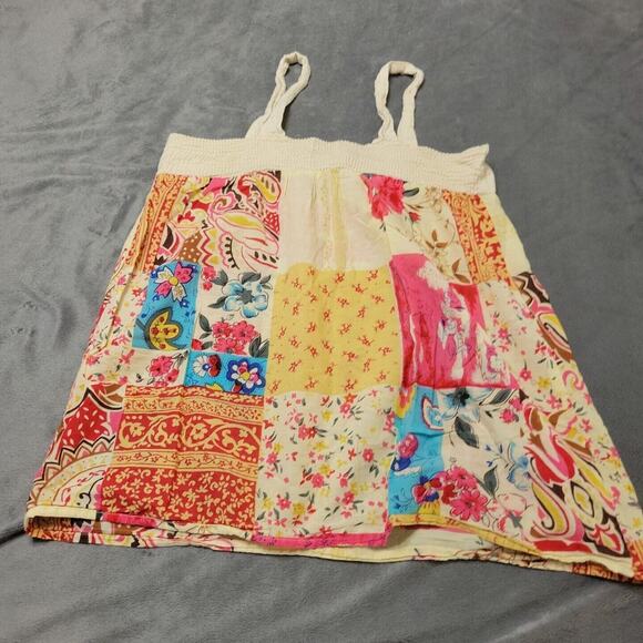 MKM Shirt Womens Small Pink Patchwork Strap Tank Top Beige Smocked Back Button - Picture 10 of 11